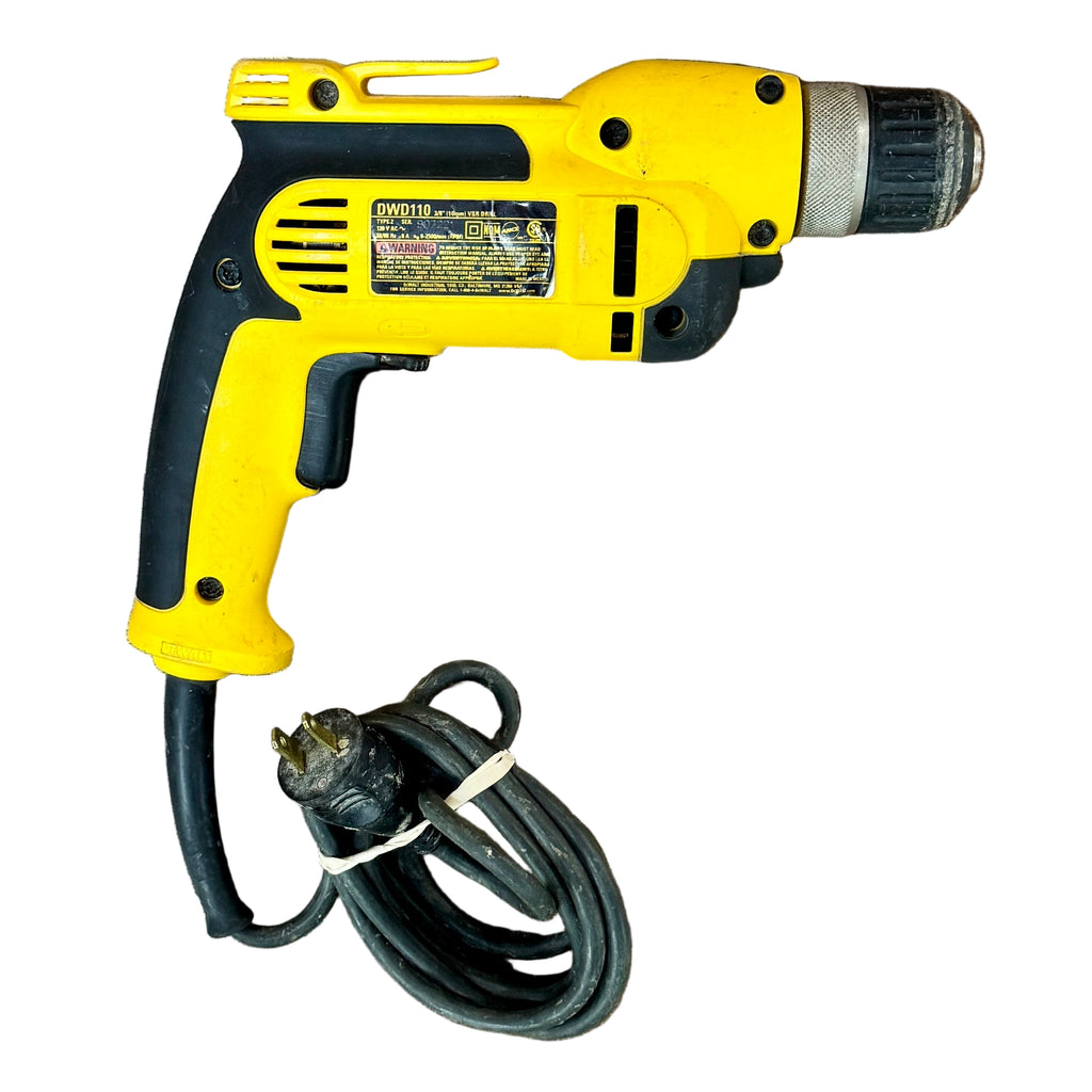 DeWalt 8-Amp 3/8" Corded VSR Pistol Grip Drill (DWD110) Yellow and black corded drill on a white background