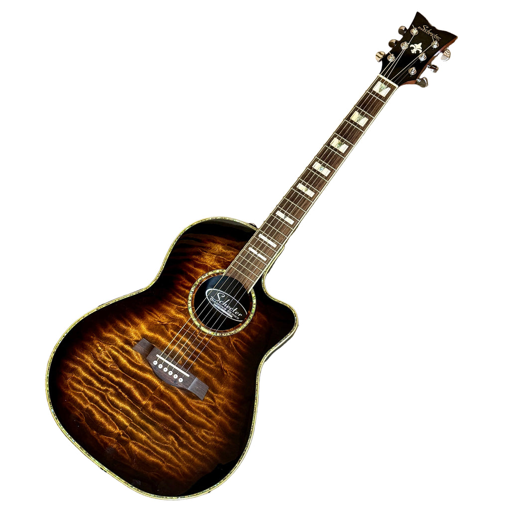 Schecter DIAMOND SERIES Acoustic-Electric Guitar w/ Hard Case Acoustic guitar on a wooden floor