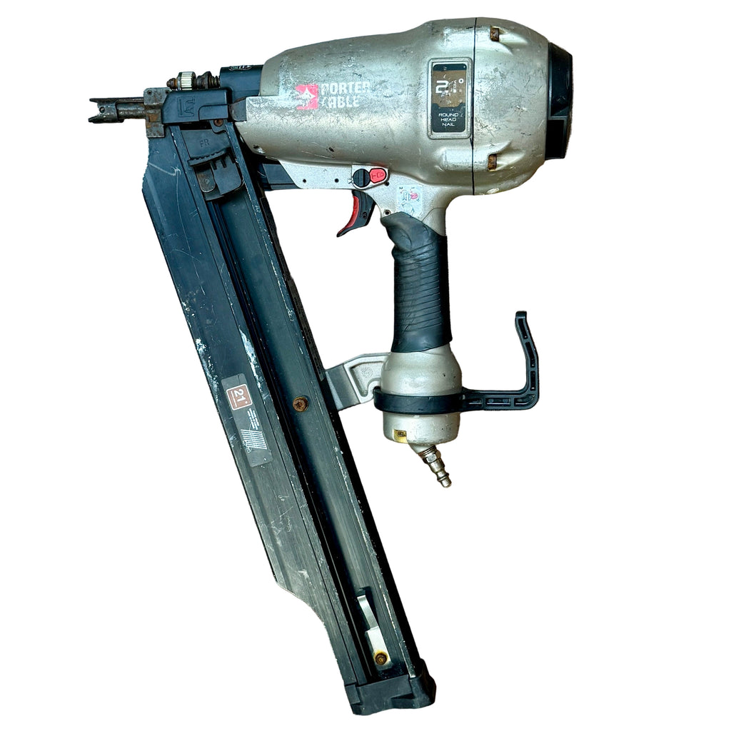 Porter-Cable 21-Degree 3-1/2" Pneumatic Full Round Framing Nailer (FR350B) Nail gun on a wooden floor