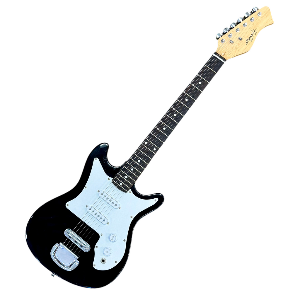 Black Marigold electric guitar with a white pickguard on a white background