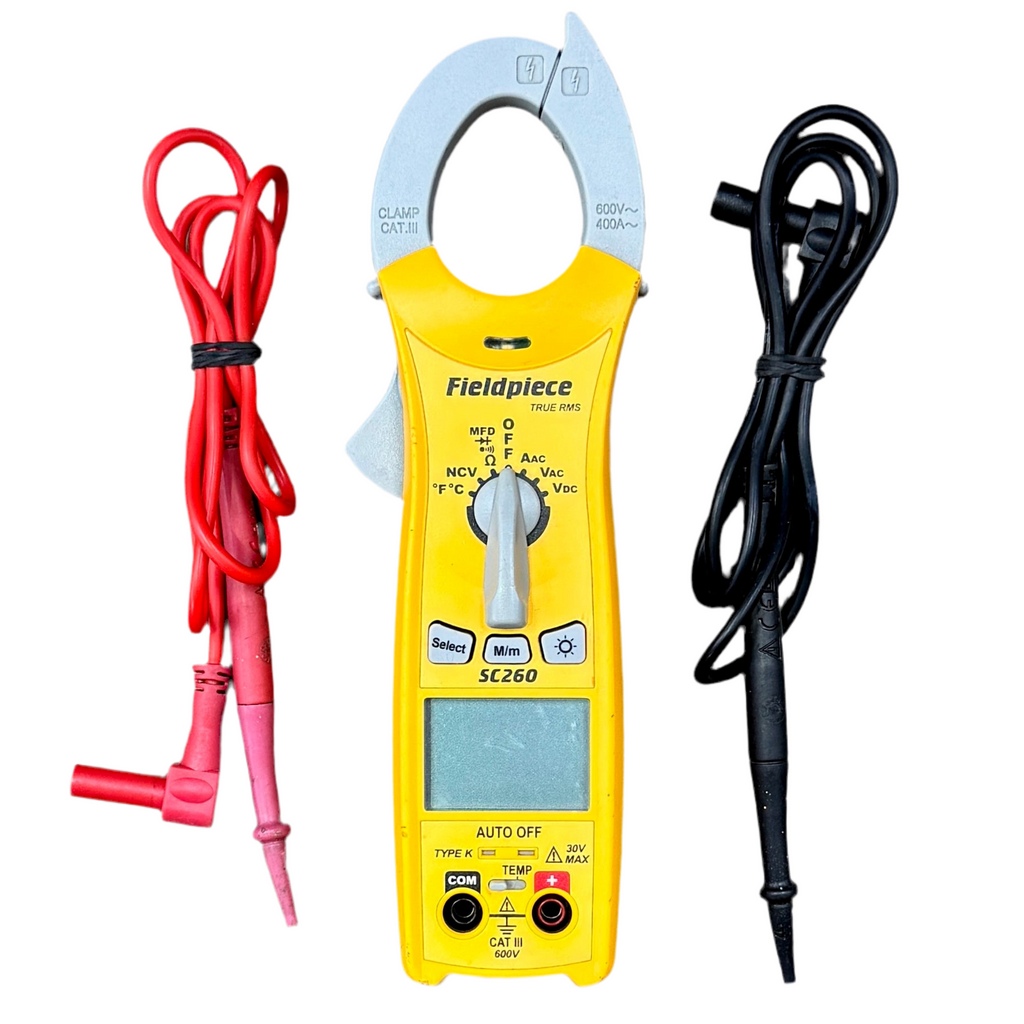 Fieldpiece SC260 400A Compact Clamp Meter Yellow clamp multimeter with red and black probes on a white background