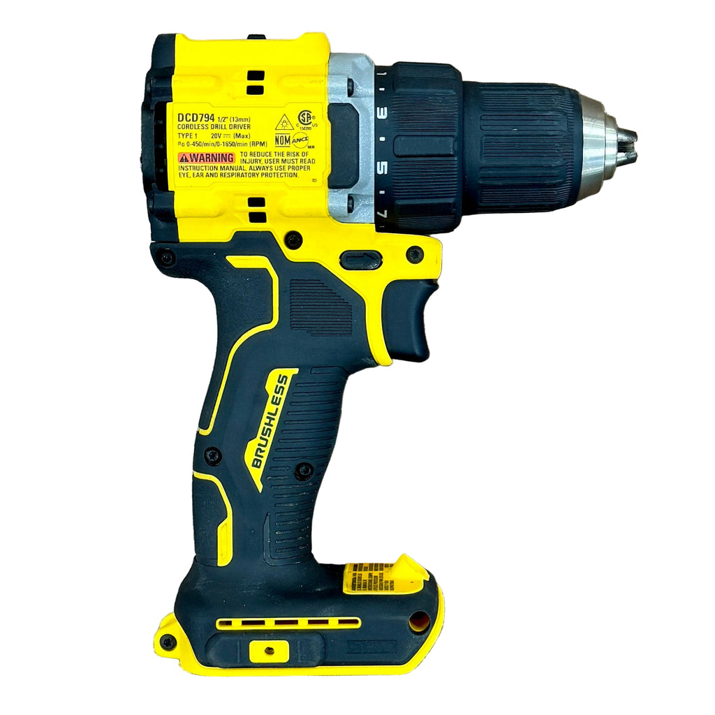 DeWalt ATOMIC 20V MAX 1/2" Brushless Cordless Drill/Driver w/ Battery & Charger (DCD794) Yellow and black cordless drill driver on a wooden surface