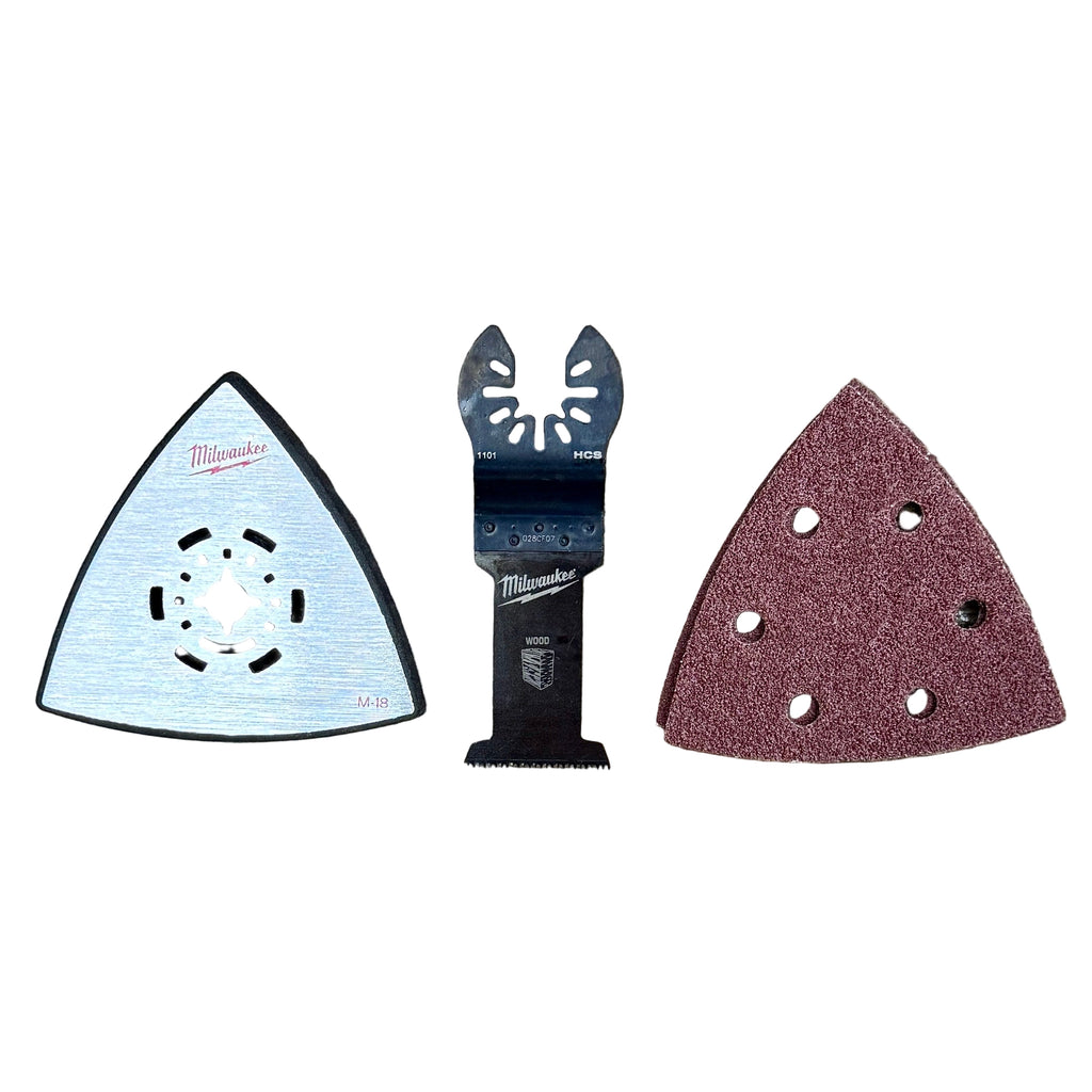 Milwaukee M18 18V Cordless Oscillating Multi-Tool (2626-20) Three Milwaukee tool attachments on a white background