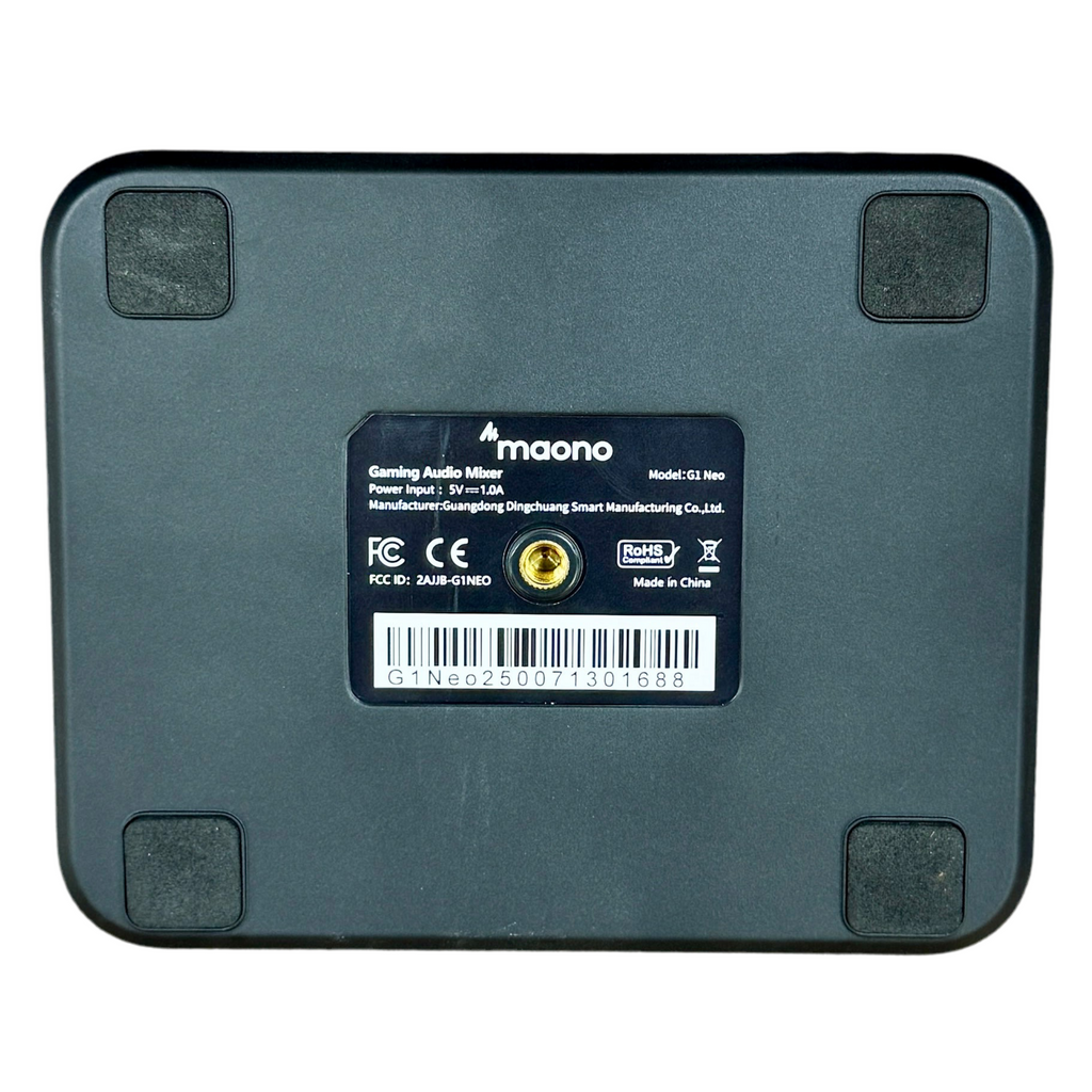 Maono Maonocaster G1 NEO Gaming Audio Mixer & Interface Back view of a gaming audio mixer with Maono branding and label.