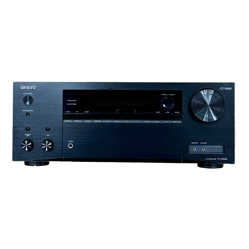 ONKYO TX-NR555 7.2-Channel Home Theater Receiver w/ Remote Black audio receiver with Omneto branding on a white background