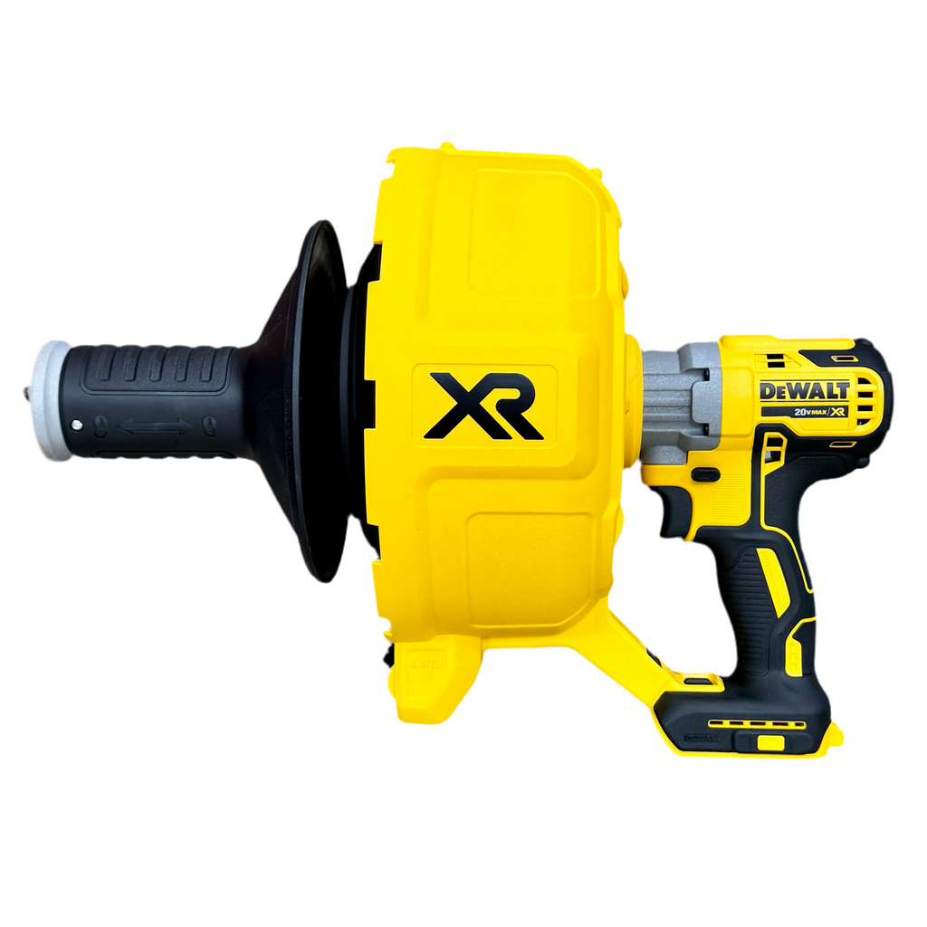 DeWalt 20V MAX XR Brushless Cordless Drain Snake w/ Battery, Charger, & Hard Case (DCD200) Yellow and black cordless drill with XR logo on a white background