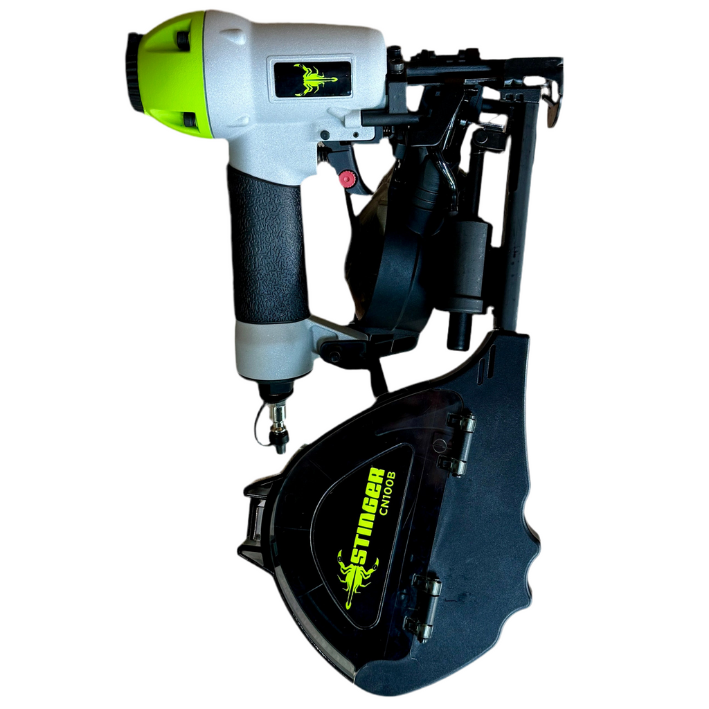 Stinger CN100B 15-Degree 1" Pneumatic Cap Roofing Nailer w/ Hard Case Nail gun with a white and black design on a white background