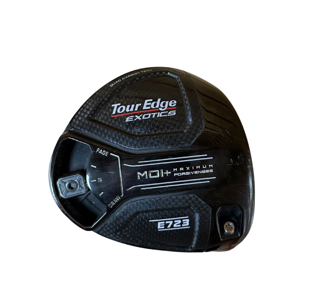Golf club head with 'Tour Edge Exotics' branding on a white background