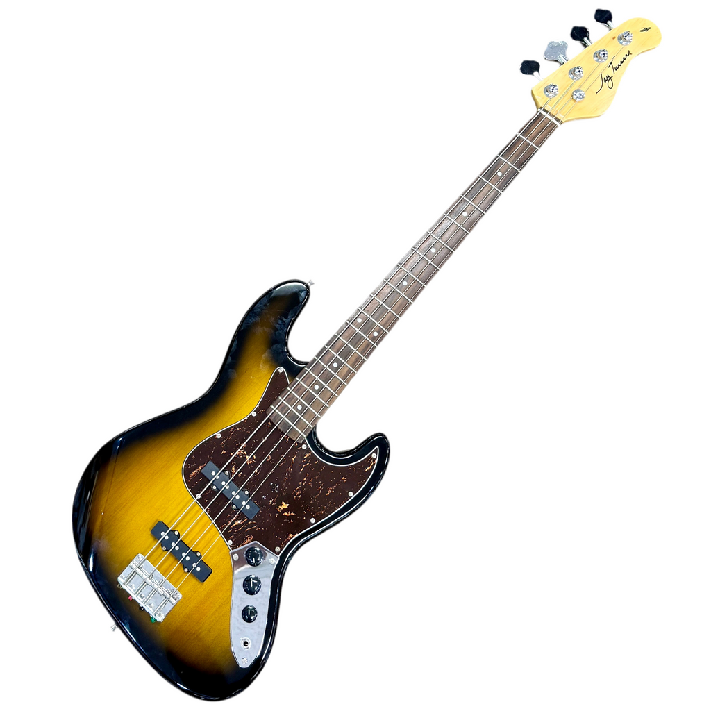 Jay Turser JTB-402-TSB Electric Bass Guitar w/ Hard Case Electric bass guitar with a sunburst finish on a white background
