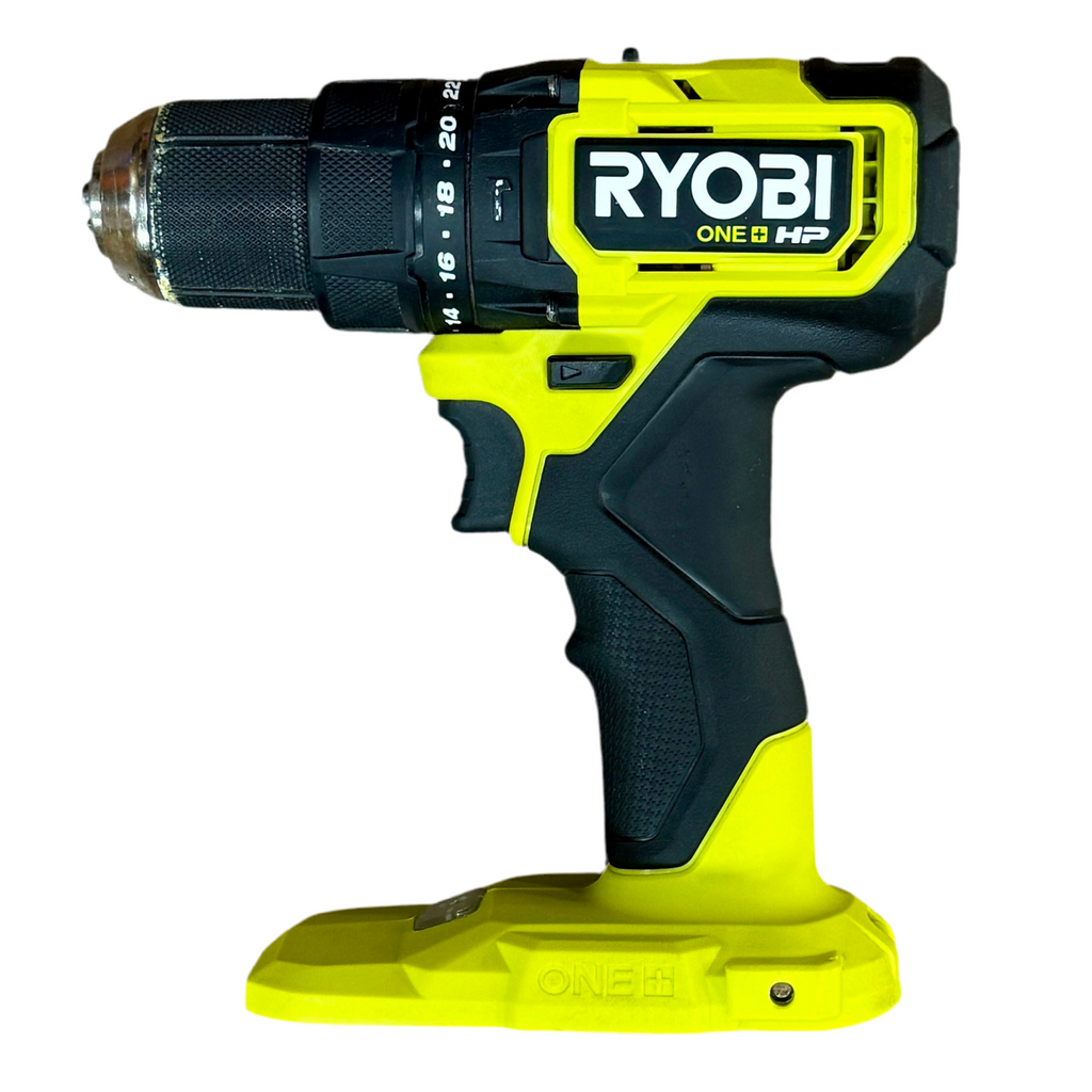 Ryobi drill with yellow and black design on a white background