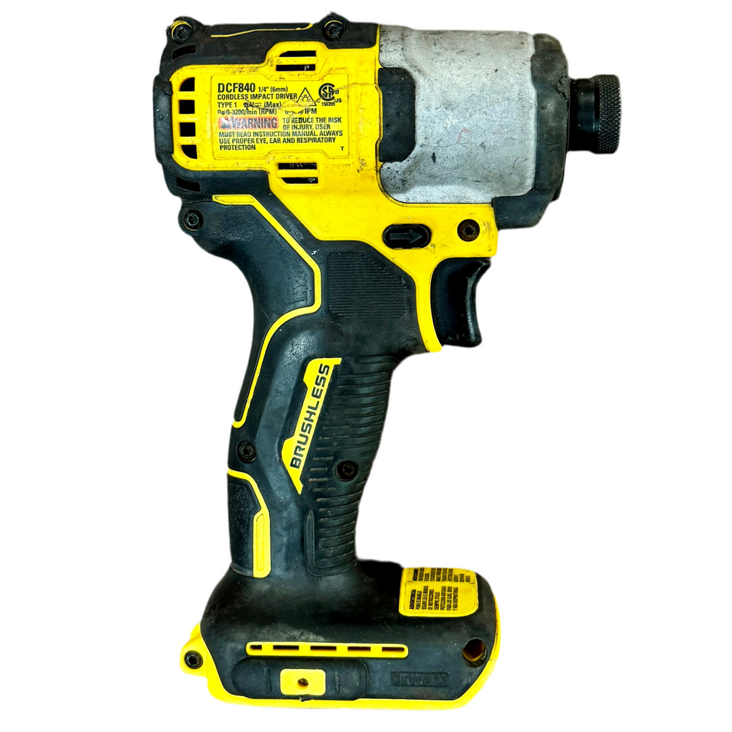 DeWalt 20V MAX 1/4" Brushless Cordless Impact Driver (DCF840) Black and yellow cordless drill on a white background