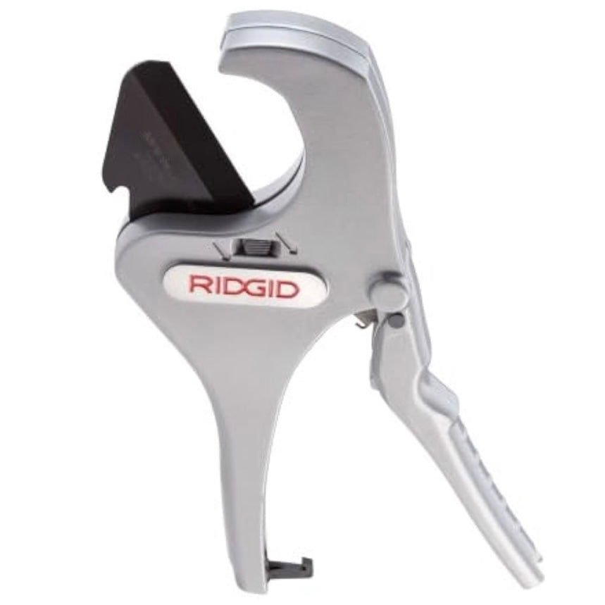 Silver pipe cutter with black handle on a white background, featuring the RIDGID brand.