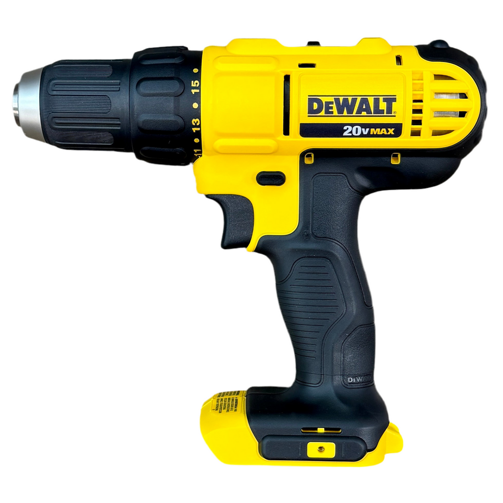 DeWalt 20V MAX 1/2" Cordless Compact Drill/Driver w/ 2 Batteries, Charger, & Bag (DCD771) Yellow and black Dewalt cordless drill on a white background