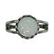 .925 Sterling Silver Bezel Set White Opal Heart Cutout Split Ring Ring with a round opal stone and silver band on a white background