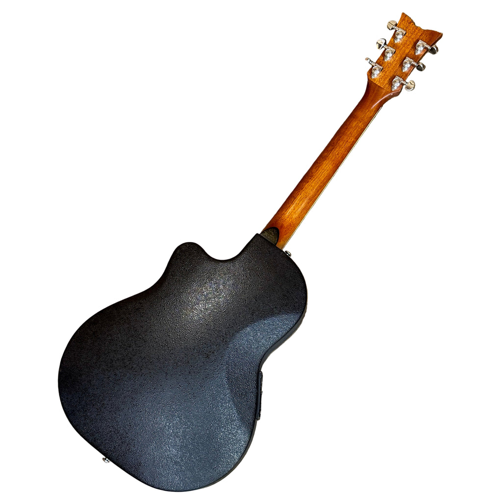 Schecter DIAMOND SERIES Acoustic-Electric Guitar w/ Hard Case Black acoustic guitar on a wooden floor