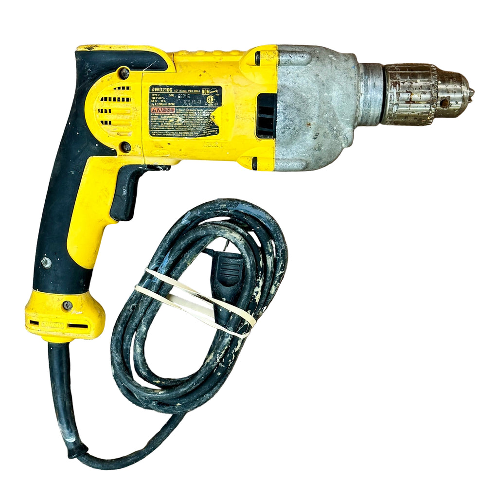 DeWalt 10-Amp 1/2" Corded VSR Pistol Grip Drill (DWD210G) Yellow and black corded drill on a wooden floor