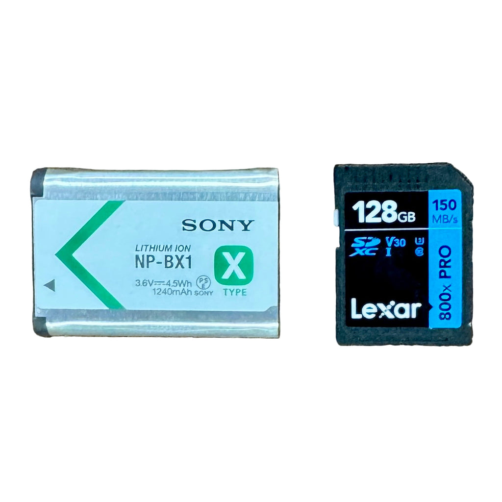 Sony ZV-1F Vlog Camera for Content Creators and Vloggers - Black Sony NP-BX1 battery and Lexar 128GB SD card on a white background