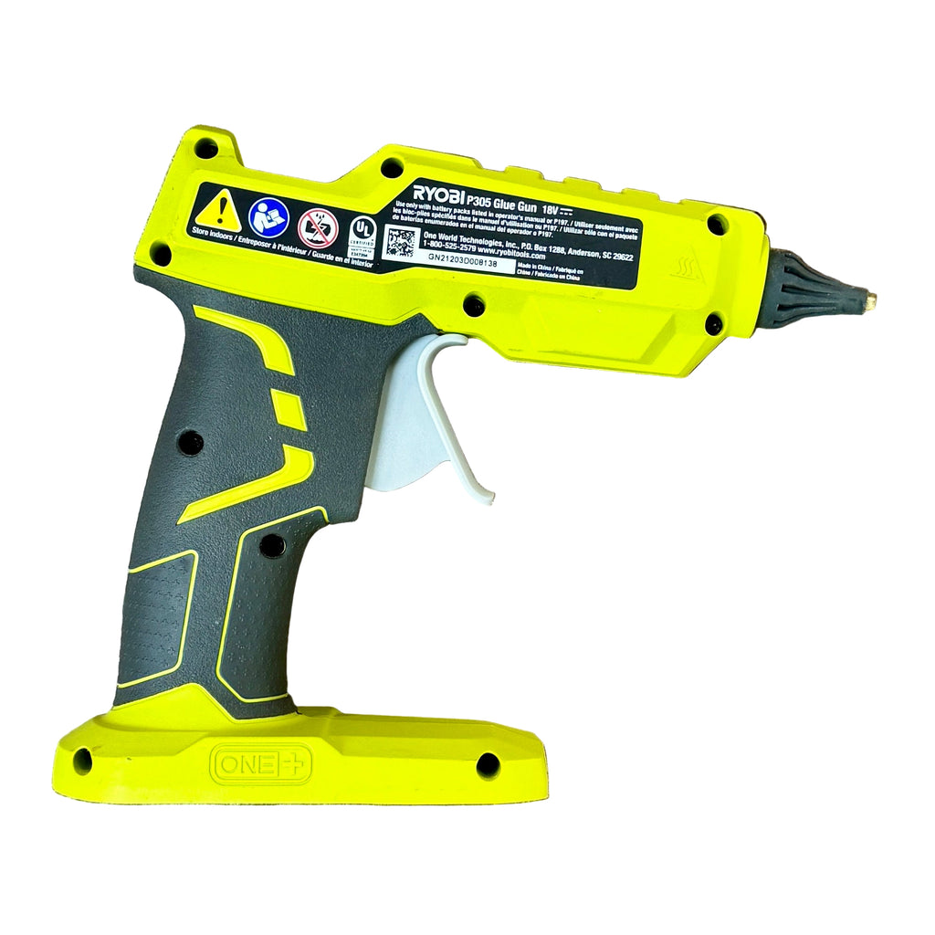 RYOBI ONE+ 18V Cordless Hot Glue Gun w/ Battery (P305) Yellow and gray glue gun on a wooden surface