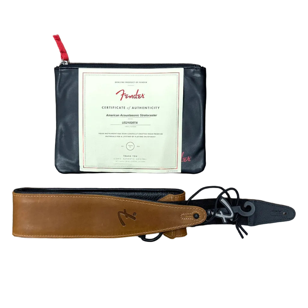 Fender American Acoustasonic Stratocaster 494-000-718 Acoustic-Electric Guitar w/ Soft Case Fender guitar strap and certificate on a wooden surface