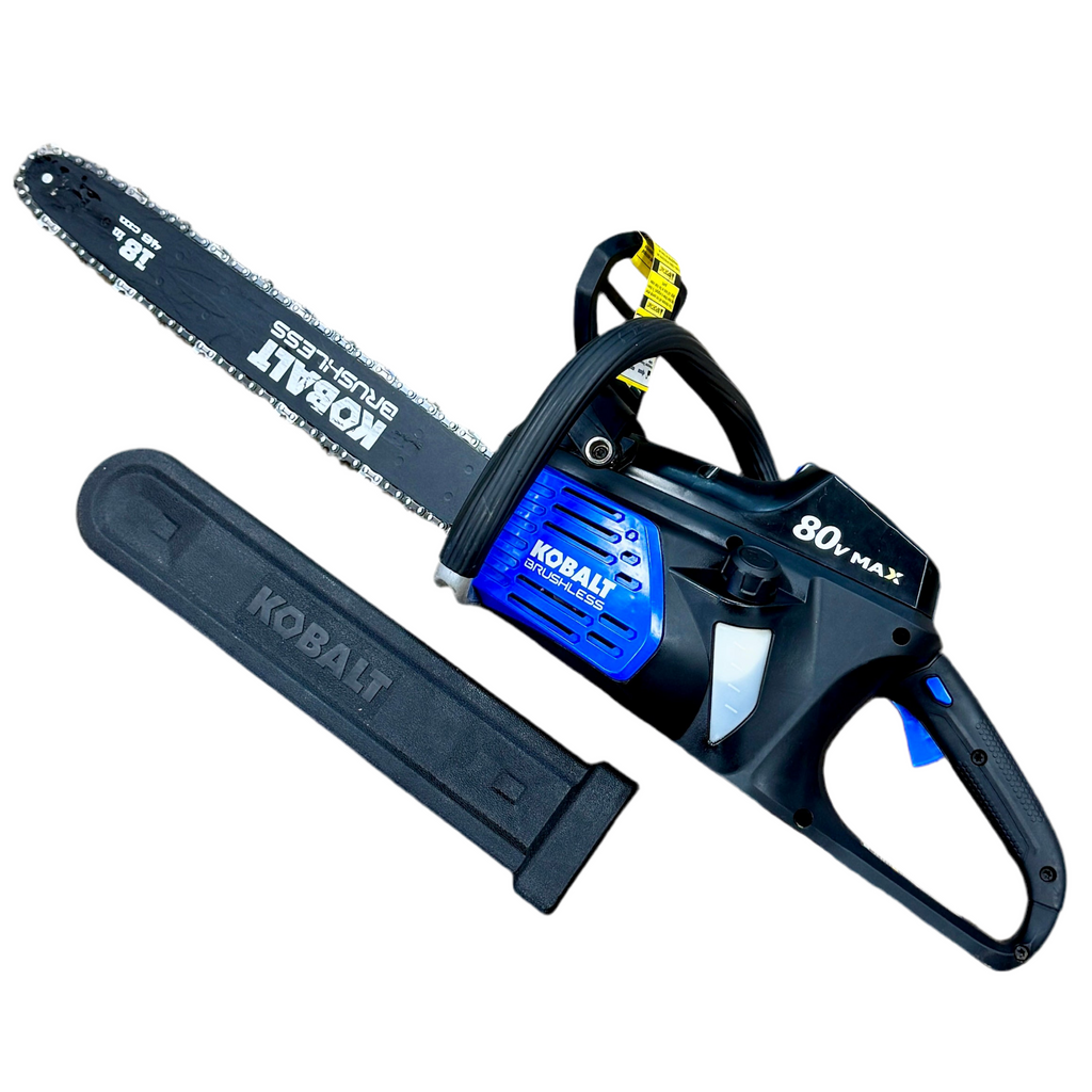 Kobalt 80V MAX 18" Guide Bar Brushless Cordless Electric Chainsaw w/ Battery & Charger (KCS 180B-06) Kobalt chainsaw with battery and chain on a white background