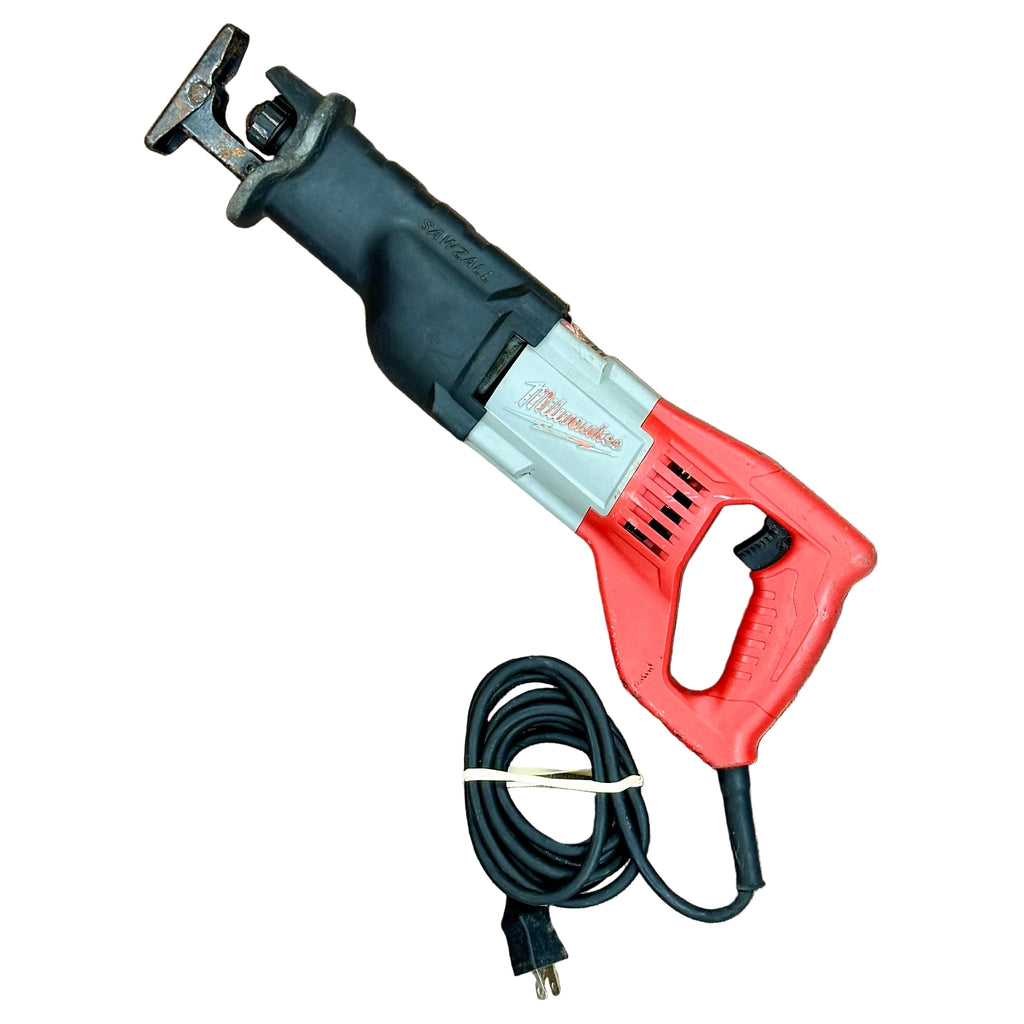 Milwaukee 12-Amp 1-1/8" Stroke Corded SAWZALL Reciprocating Saw (6519-30) Reciprocating saw with red handle and black body on a white background