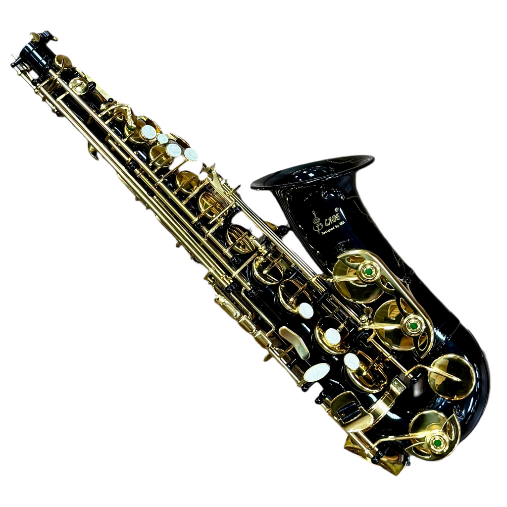 SLADE Eb Alto Saxophone w/ Case & Accessories Soprano saxophone with gold and black finish on a white background