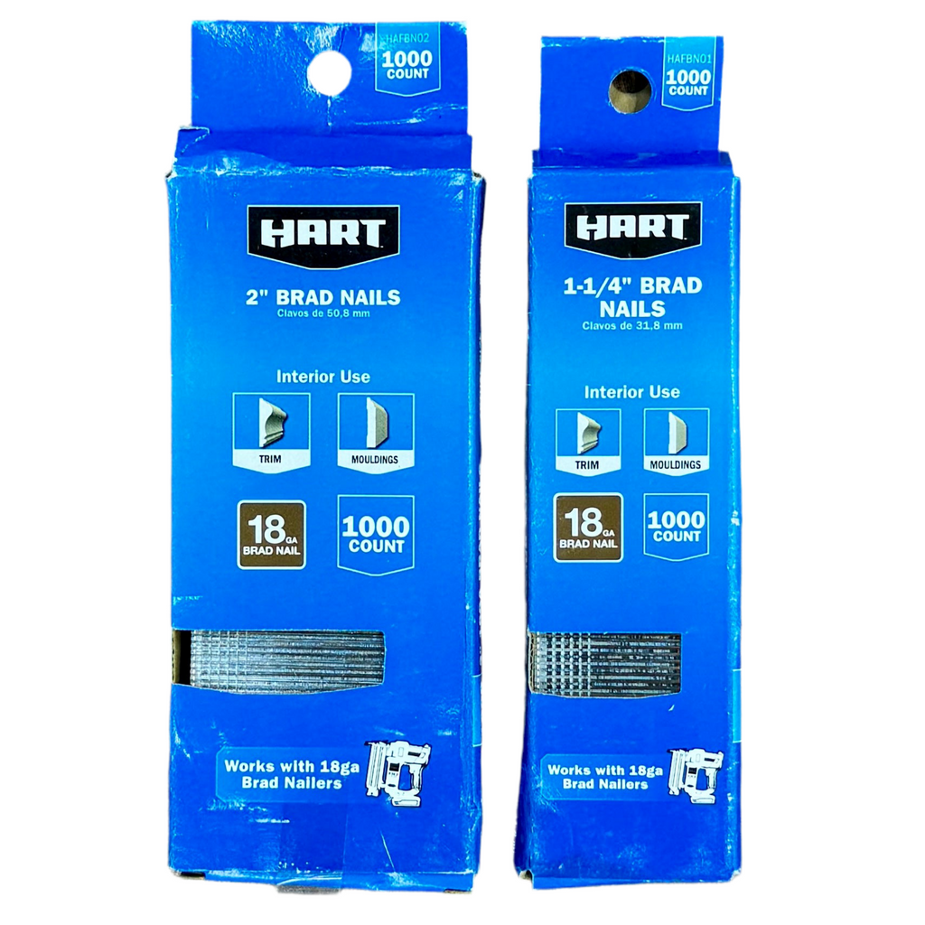 HART 20V 18-Gauge 2" Cordless Brad Nailer (HPNR02) Two packages of Hart brand nails on a white background