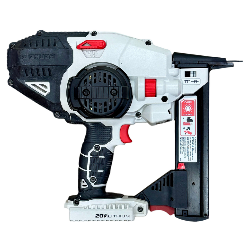 Porter-Cable 20V MAX 18-Gauge 1-1/2" Cordless Narrow Crown Stapler w/ Battery & Charger (PCC791) Cordless nail gun with black, white, and red design on a white background
