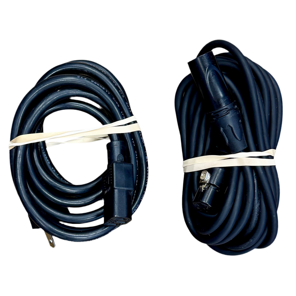 Mackie 1642-VLZ PRO 16-Channel Mic/Line Mixer w/ Premium XDR Mic Preamplifiers Two coiled black extension cords with plugs on a white background