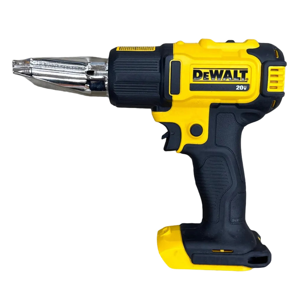 DeWalt 20V MAX Cordless Heat Gun (DCE530) DeWalt cordless drill on a wooden floor