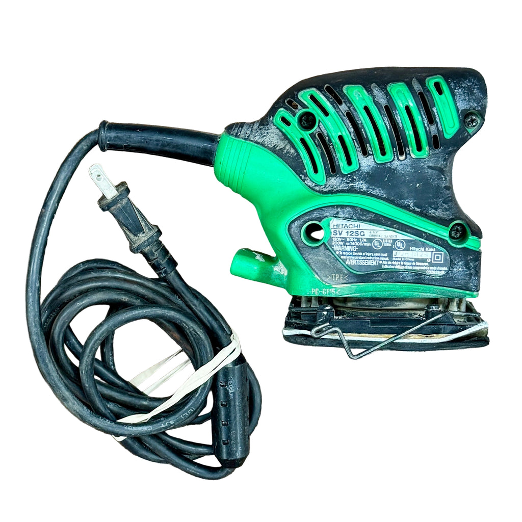 HITACHI 1.7-Amp 1/4" Sheet Corded Orbital Finishing Sander (SV12SG) Green and black power sander with cord on a wooden surface