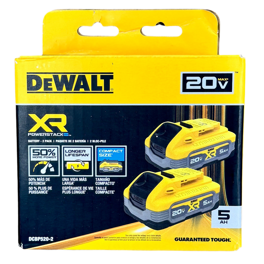 DeWalt 20V MAX XR POWERSTACK 5 AH Battery Packs - 2 Pack (DCBP520-2) DeWalt 20V MAX battery pack packaging with two batteries on a white background