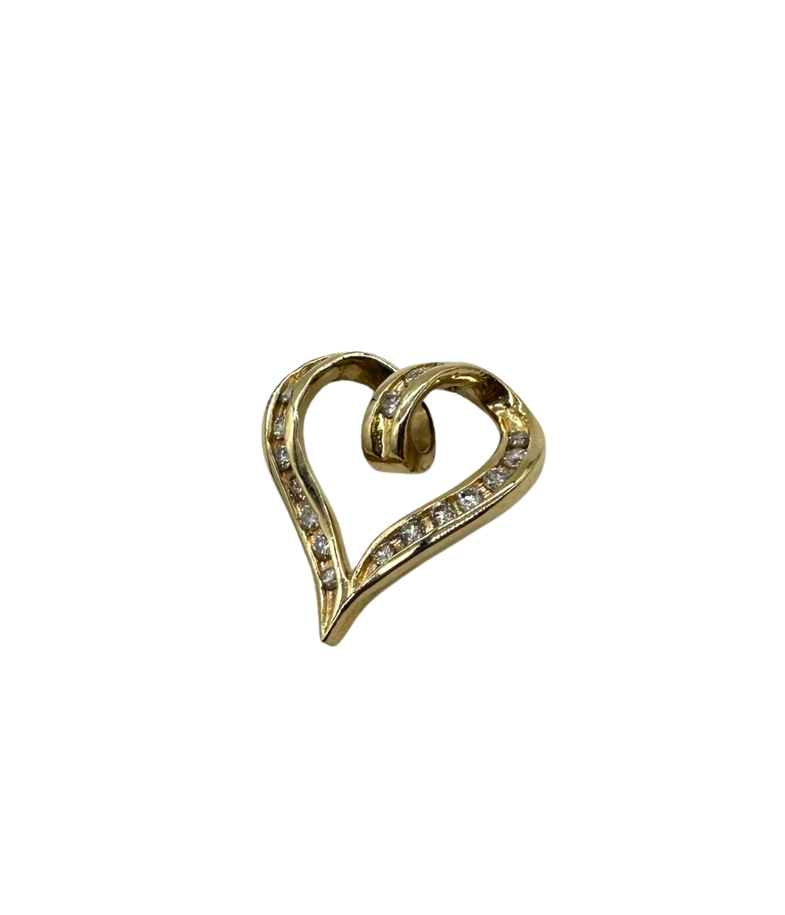 Gold heart-shaped pendant with embedded stones on a white background