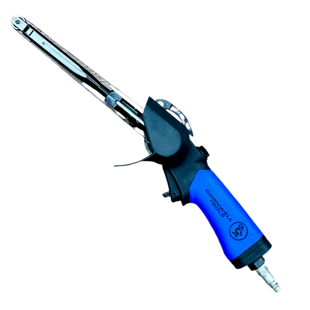 Blue and black cornwell tools air belt sander on a white background