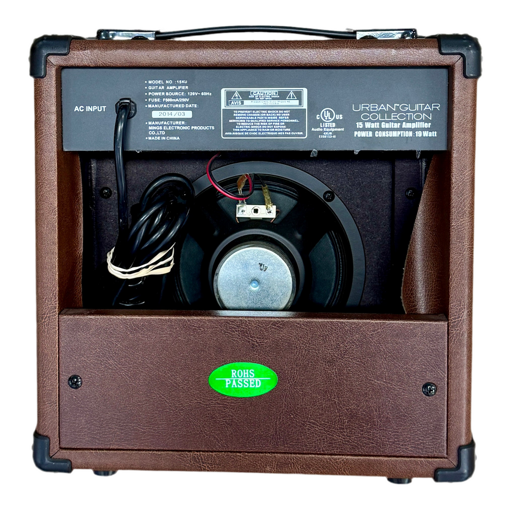 Keith Urban Guitar Collection 15KU Guitar Combo Amplifier Back view of a guitar amplifier with visible speaker and wiring, featuring a Koss Passsed sticker.