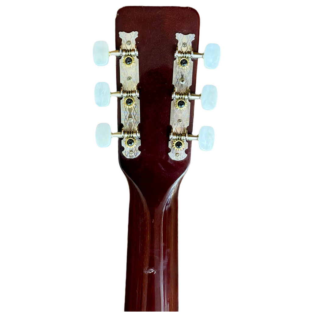 Angelica 6710 Acoustic Guitar Close-up of a guitar headstock with tuning pegs on a white background