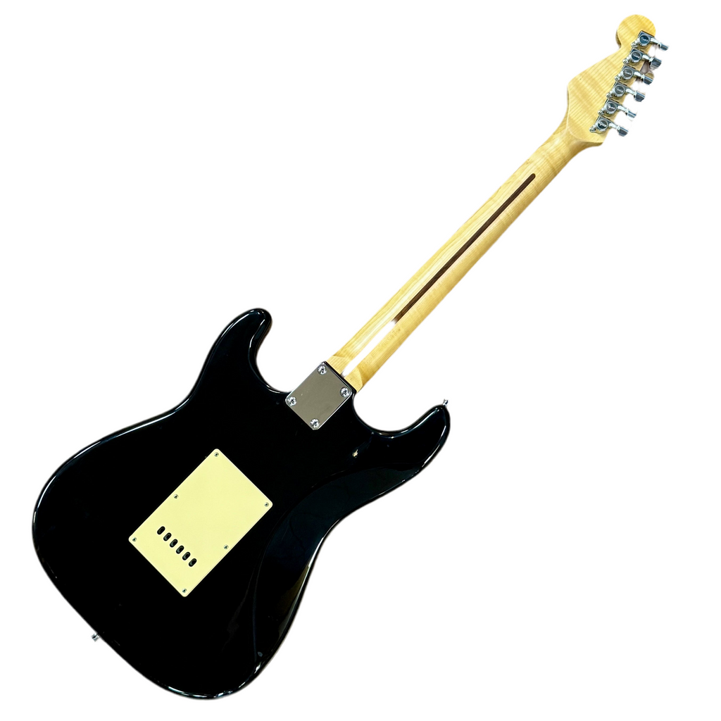 Fender Squier Stratocaster Electric Guitar w/ Hard Case Black electric guitar with a white pickguard on a white background