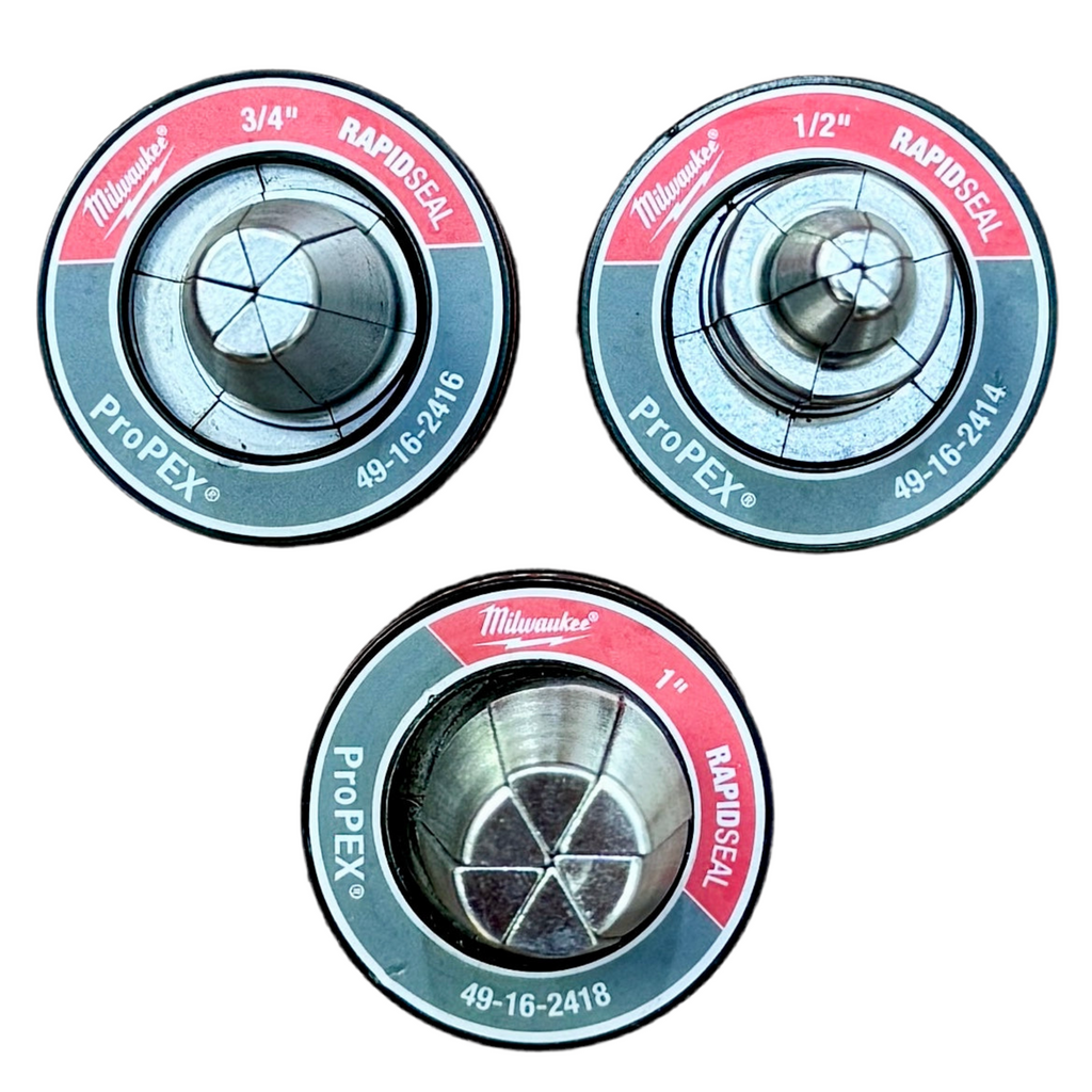 Milwaukee M12 FUEL ProPEX Expander w/ 1/2"-1" RAPID SEAL ProPEX Expander Heads w/ 2 Batteries, Charger, & Hard Case (2532-20) Three Milwaukee ProPEX rapid seal pipe threaders on a white background