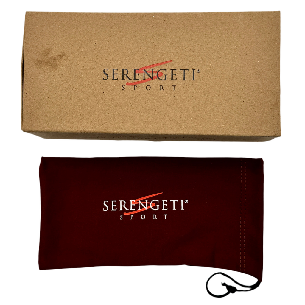 Serengeti Sport HEXT Saturn Polarized Sunglasses - Matte Black Frame w/ Blue Lenses (SS571003) Serengeti Sport sunglasses case with brown box on a white background