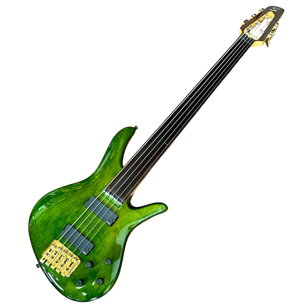Samick SAKB56690 5-String Electric Bass Guitar w/ Hard Case Green electric bass guitar on a wooden floor