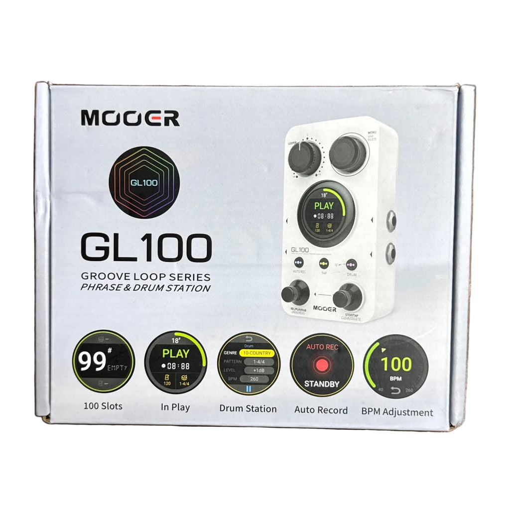MOOER Groove Loop Series GL100 Phrase & Drum Station Machine Guitar Effects Pedal Mooer GL100 groove loop station packaging on a wooden surface