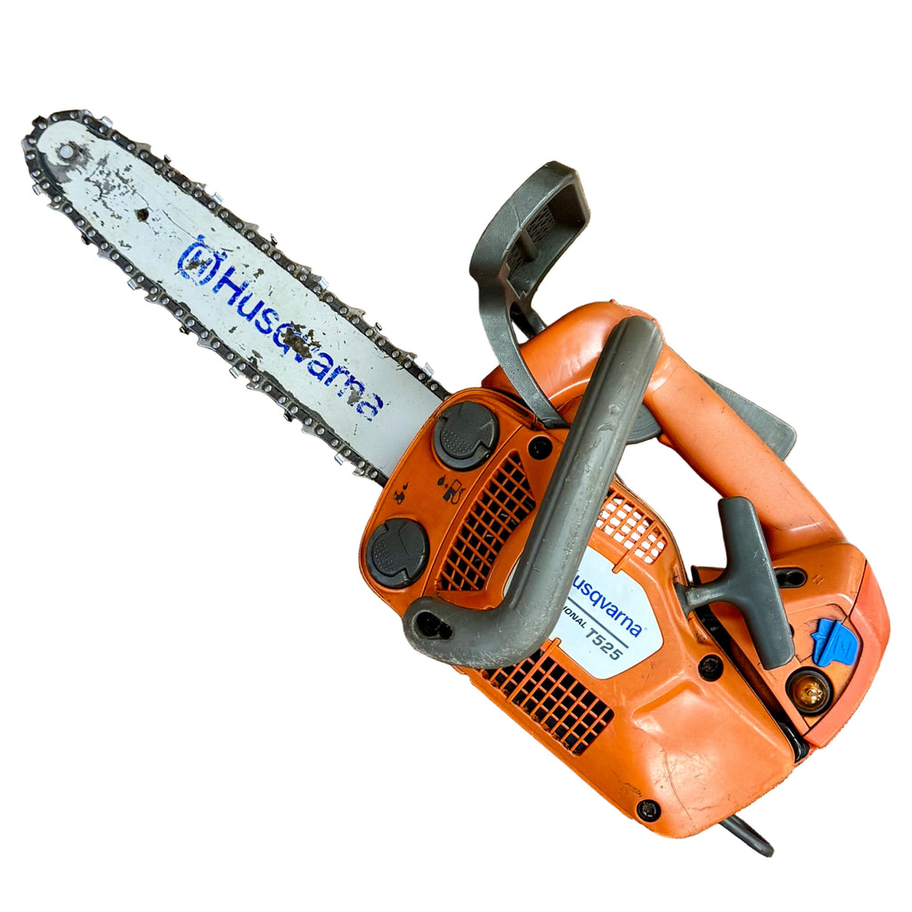 Husqvarna Professional T525 27 cc 12" Guide Bar Gas-Powered Chainsaw Orange chainsaw with Husqvarna branding on a white background