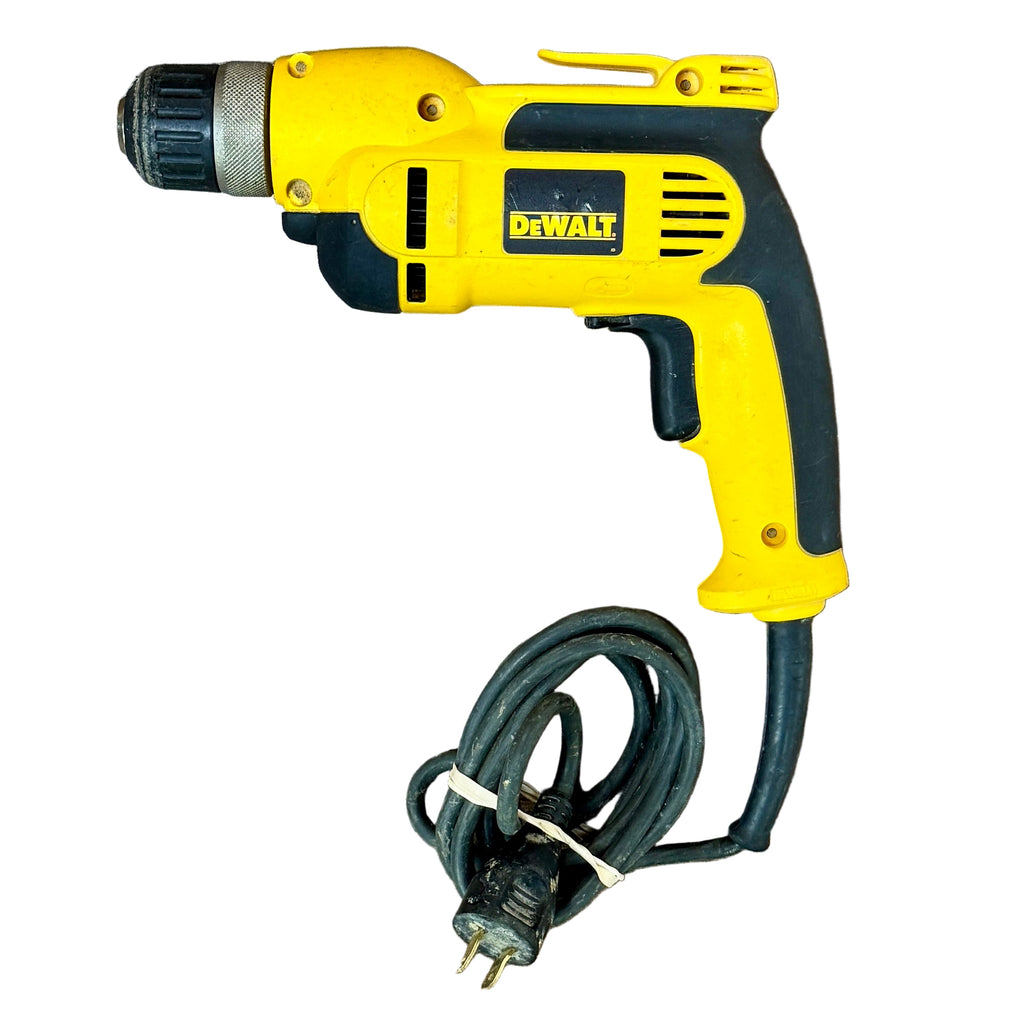 DeWalt 8-Amp 3/8" Corded VSR Pistol Grip Drill (DWD110) Yellow and black Dewalt drill with power cord on a white background