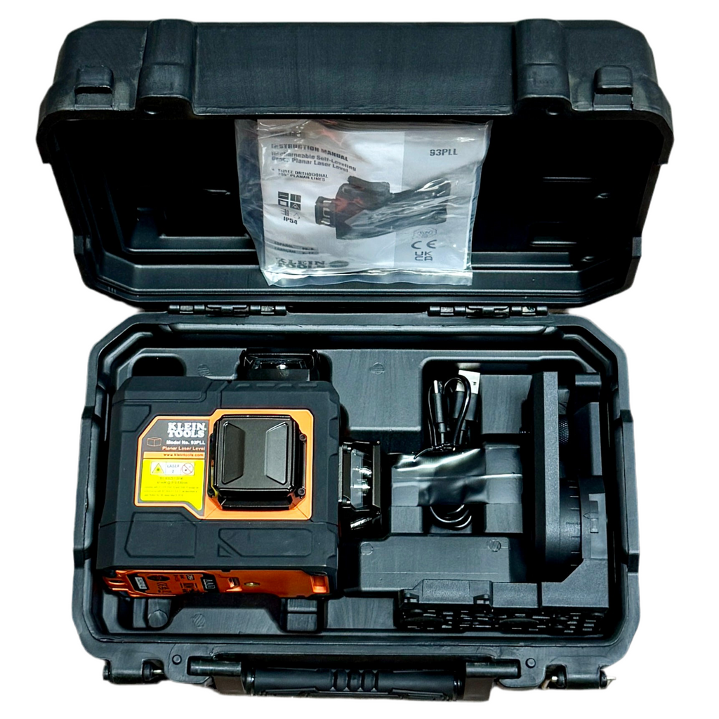 Klein Tools 93PLL Rechargeable Self-Leveling Green Planar Laser Level w/ Hard Case Open black tool case with a power tool inside on a white background