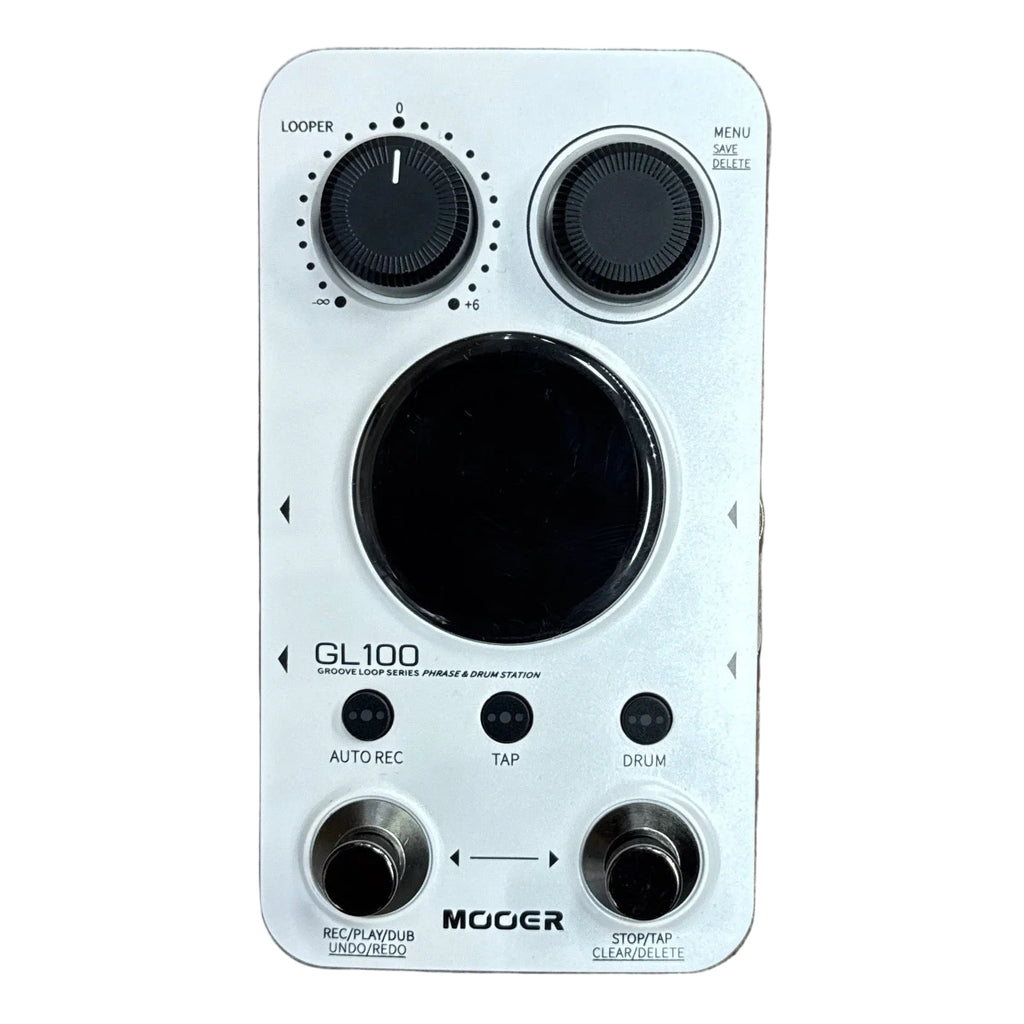 MOOER Groove Loop Series GL100 Phrase & Drum Station Machine Guitar Effects Pedal White electronic device with black buttons and display on a wooden surface