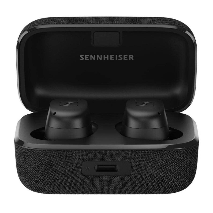 SENNHEISER MOMENTUM True Wireless 3 Bluetooth Noise Cancelling Earbuds - Graphite Black Sennheiser wireless earbuds in charging case on a white background