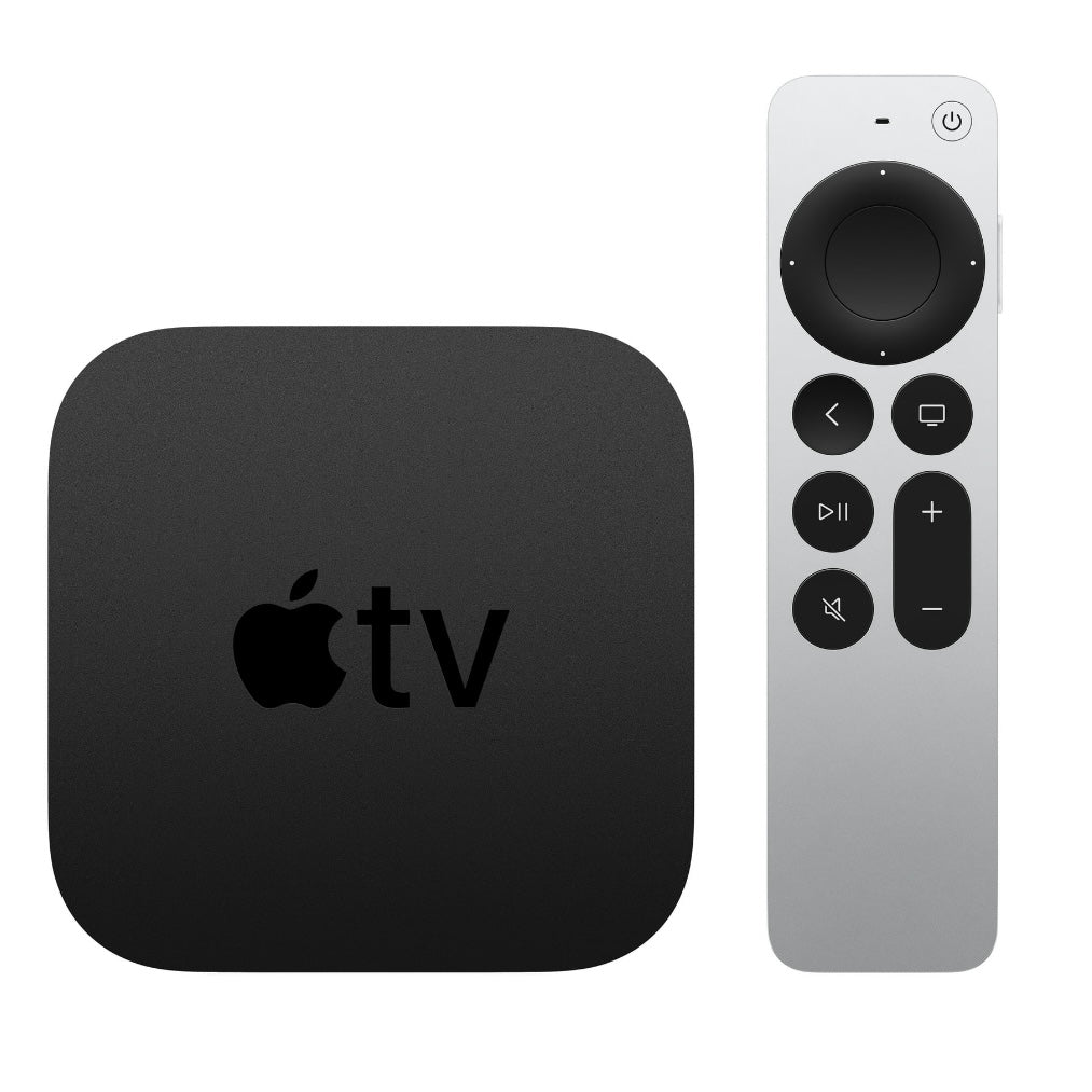 Apple TV 4K 32GB - 2nd Generation (MXGY2LL/A) Apple TV box and remote on a white background