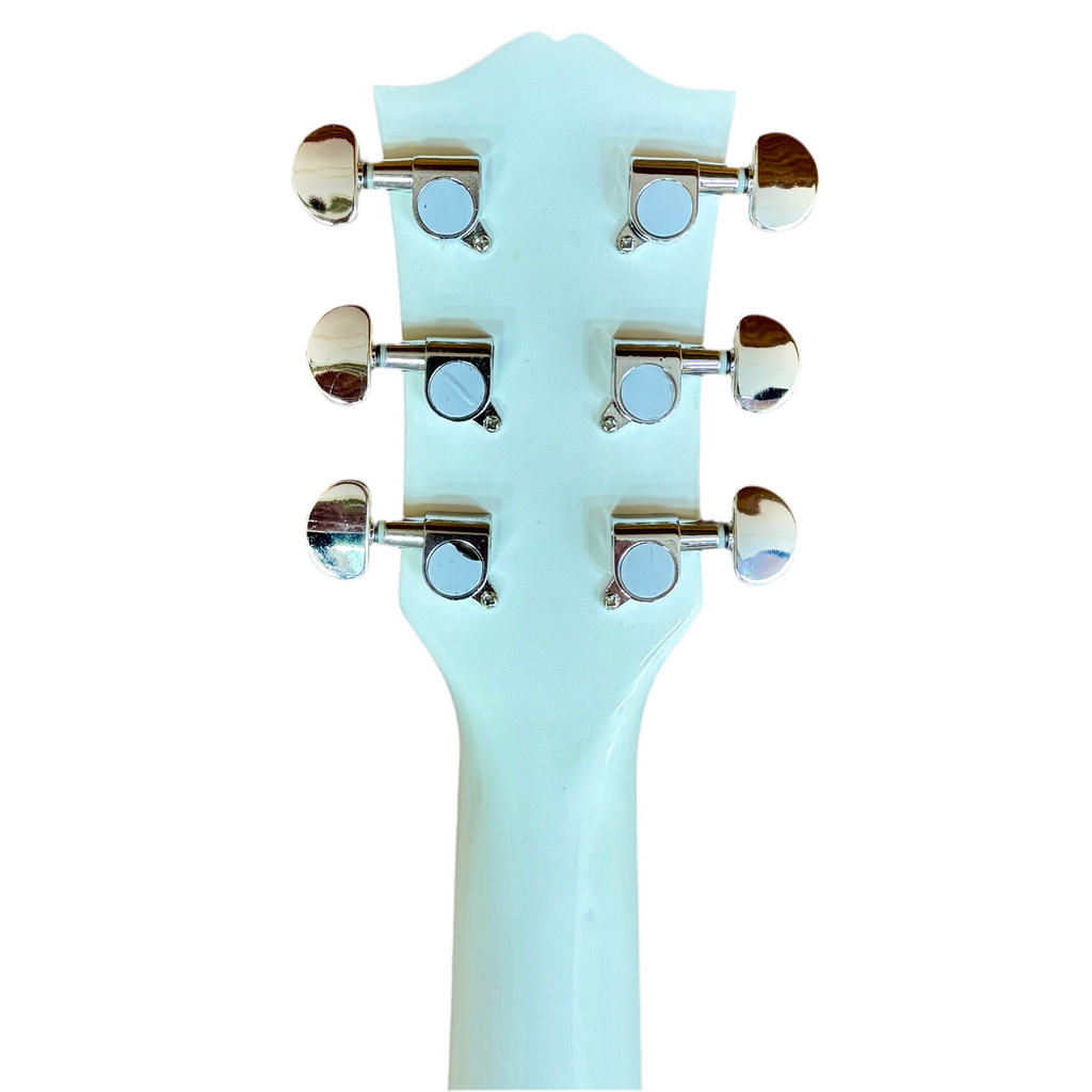 Leo Jaymz Double Cut Standard Electric Guitar headstock with tuning pegs on a white background