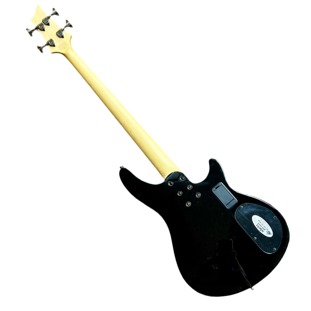 Schecter Diamond Series OMEN-4 Left-Handed Electric Bass Guitar Black electric guitar with a white pickguard on a white background