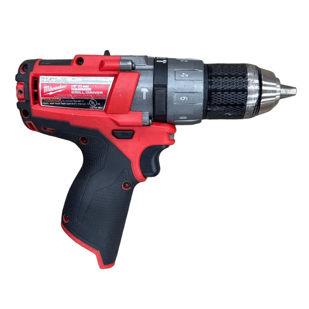 Milwaukee M12 FUEL 12V 1/2" Brushless Cordless Hammer Drill/Driver w/ Battery & Charger (2404-20) Red and black cordless drill on a wooden floor